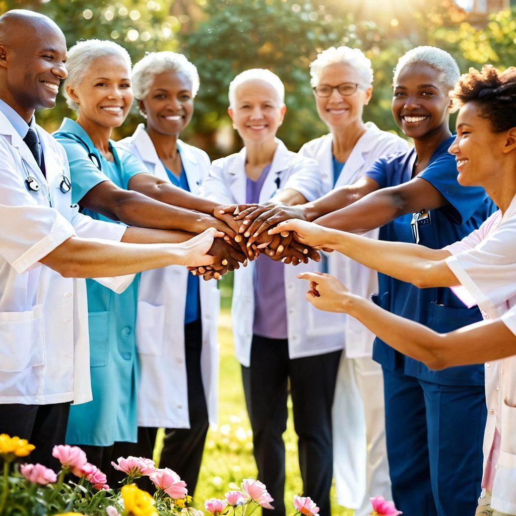 A radiant light illuminating a diverse group of cancer survivors holding hands, symbolizing unity and strength. In the background, a soft-focus hospital setting with healthcare professionals engaged in caring activities, surrounded by blooming flowers to represent hope and renewal. The overall ambiance is uplifting and empowering, with warm colors creating a comforting atmosphere. super-realistic. vibrant colors. soft background.