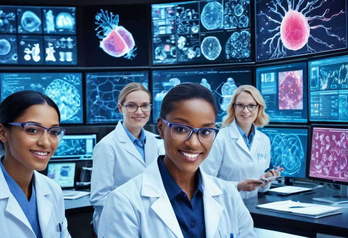 A dynamic collage showcasing a team of diverse scientists in a modern laboratory, analyzing high-tech equipment and cancer cells on screens, with images of patients smiling with hope in the background. Include colorful charts and graphs illustrating recent breakthroughs, creating an atmosphere of innovation and care. super-realistic. vibrant colors. 3D.