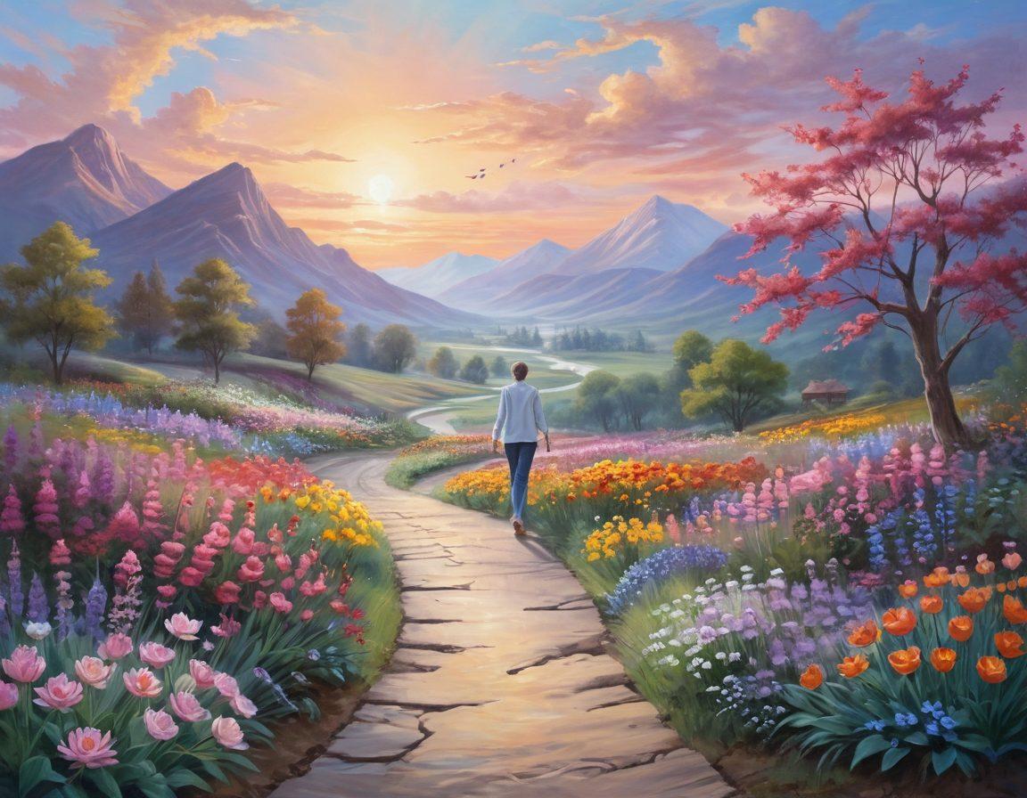 A serene landscape depicting a winding path symbolizing a journey, surrounded by vibrant flowers representing hope and healing. In the foreground, a compassionate caregiver gently holds the hand of a cancer patient, both radiating warmth and strength. The sky above is painted in soft pastel hues, embodying tranquility and resilience. Elements like wellness symbols (like a lotus and heart) subtly infused throughout the scene. super-realistic. vibrant colors. soft focus.